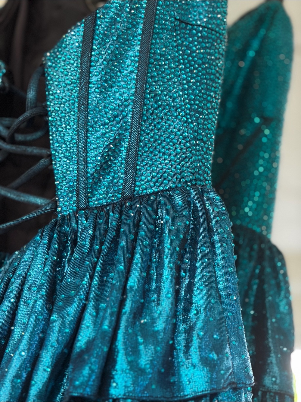 Sherri Hill Strapless Sparkly Teal Ruffle Corset Homecoming Dress - Picture 6 of 6